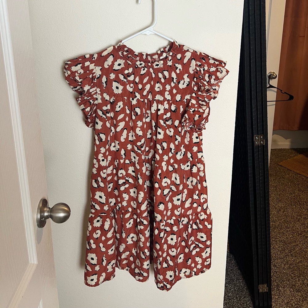 Boho Ruffle Sleeve Dress - Rust and Cream